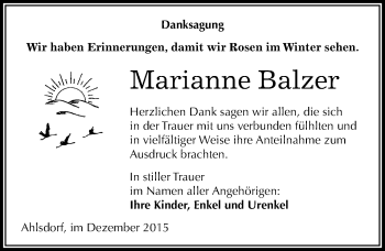 Traueranzeige von Marianne Balzer von Mitteldeutsche Zeitung Mansfelder Land