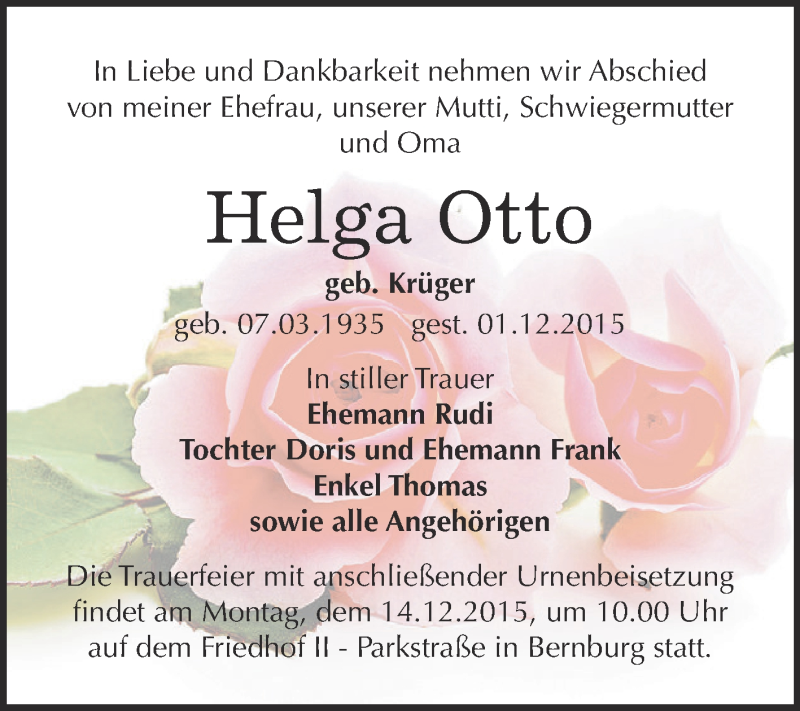  Traueranzeige für Helga Otto vom 05.12.2015 aus Super Sonntag Bernburg