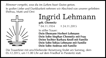Traueranzeige von Ingrid Lehmann von Mitteldeutsche Zeitung Wittenberg
