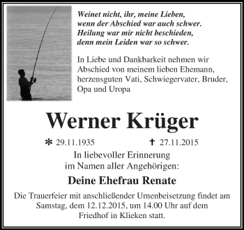 Traueranzeige von Werner Krüger von WVG - Wochenspiegel Dessau / Köthen