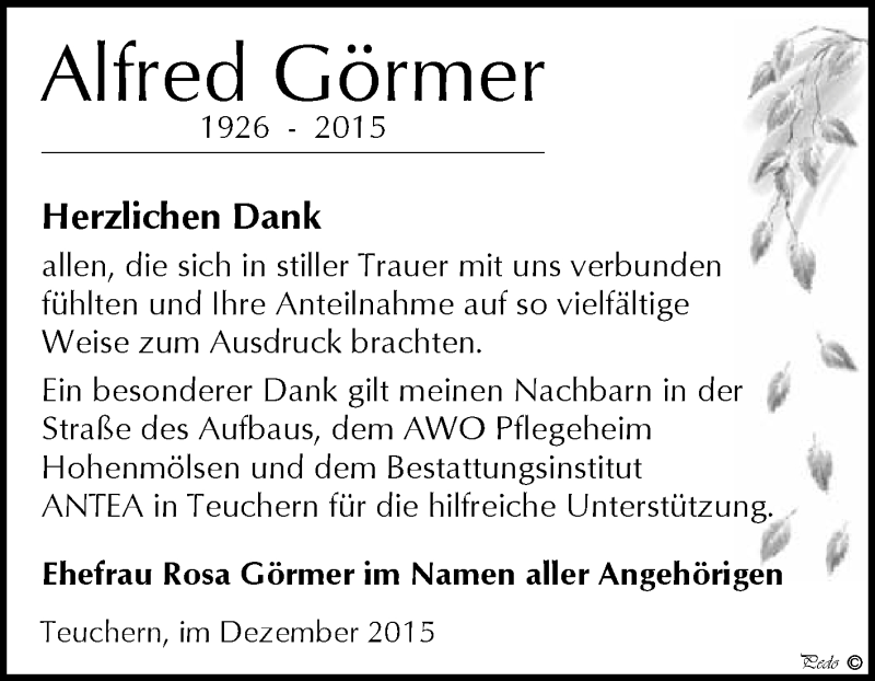  Traueranzeige für Alfred Görmer vom 30.12.2015 aus WVG - Wochenspiegel NMB / WSF / ZTZ