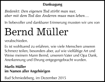 Traueranzeige von Bernd Müller von WVG - Wochenspiegel Wittenberg