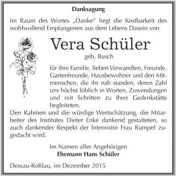 Traueranzeige von Vera Schüler von WVG - Wochenspiegel Dessau / Köthen