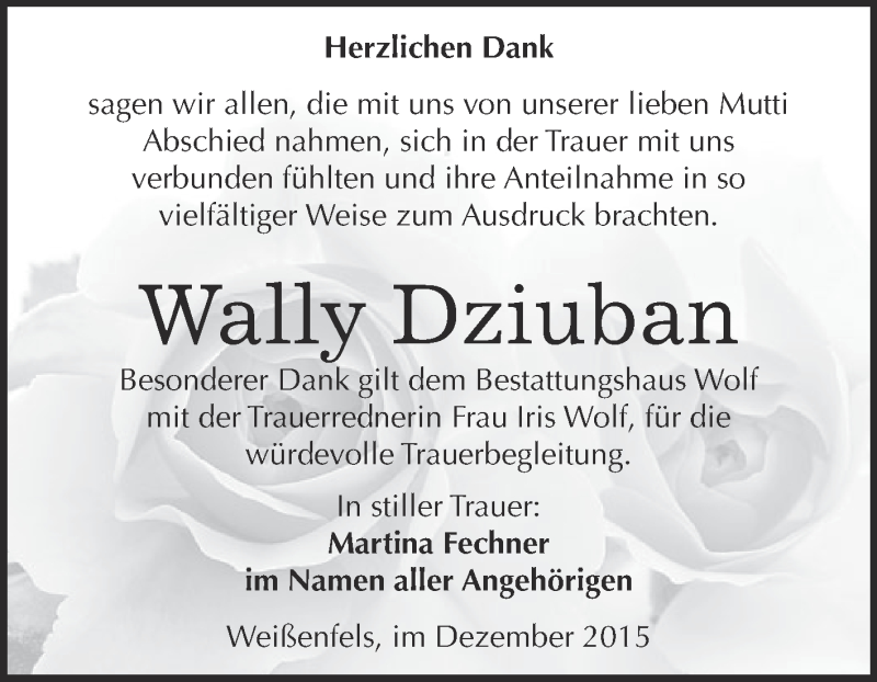 Traueranzeige für Wally Dziuban vom 02.12.2015 aus WVG - Wochenspiegel NMB / WSF / ZTZ