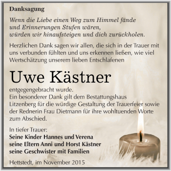 Traueranzeige von Uwe Kästner von Super Sonntag SGH Mansf. Land