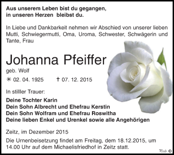 Traueranzeige von Johanna Pfeiffer von Super Sonntag Zeitz