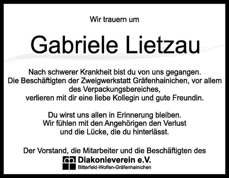  Traueranzeige für Gabriele Lietzau vom 12.12.2015 aus WVG - Wochenspiegel Bitterfeld