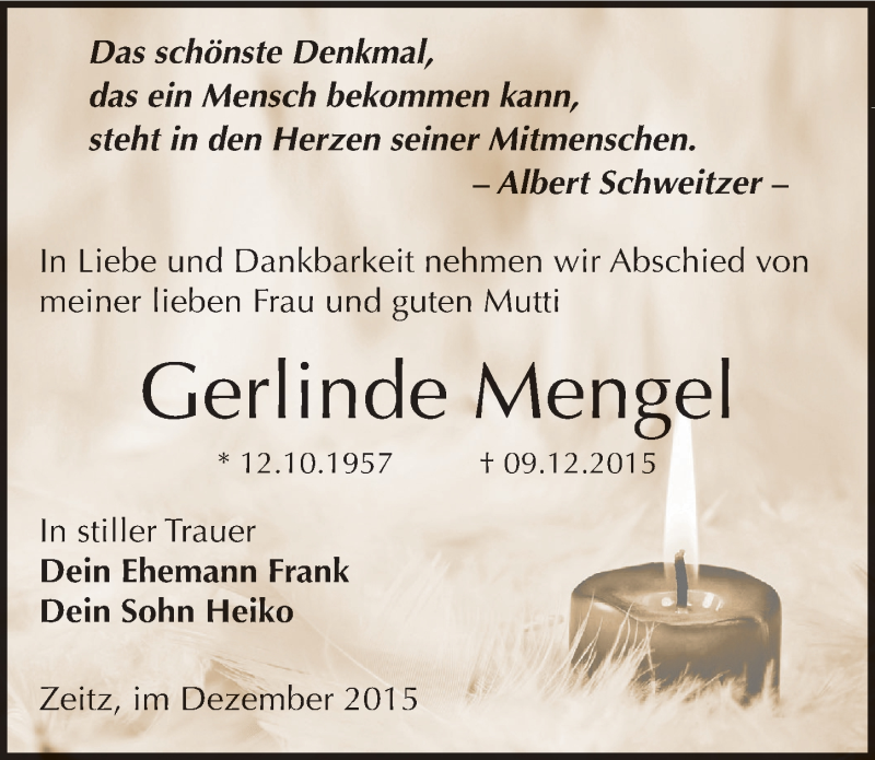  Traueranzeige für Gerlinde Mengel vom 12.12.2015 aus Mitteldeutsche Zeitung Zeitz