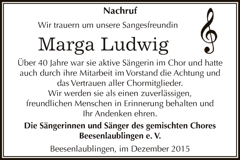  Traueranzeige für Marga Ludwig vom 12.12.2015 aus Super Sonntag Bernburg