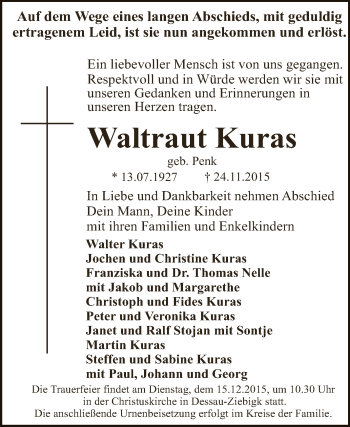 Traueranzeige von Waltraut Kuras von WVG - Wochenspiegel Dessau / Köthen