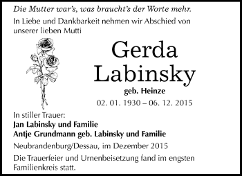 Traueranzeige von Gerda Labinsky von Mitteldeutsche Zeitung Dessau-Roßlau