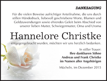Traueranzeige von Hannelore Christke von Mitteldeutsche Zeitung Merseburg/Querfurt