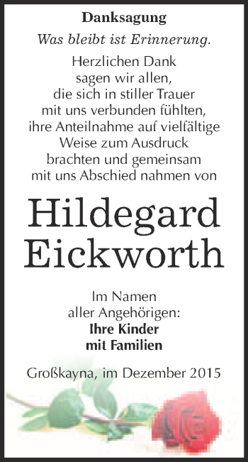 Traueranzeige von Hildegard Eickworth von WVG - Wochenspiegel Merseburg