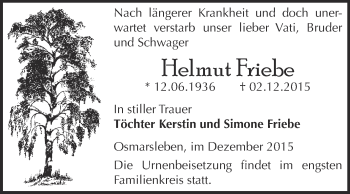 Traueranzeige von Helmut Friebe von Super Sonntag Bernburg