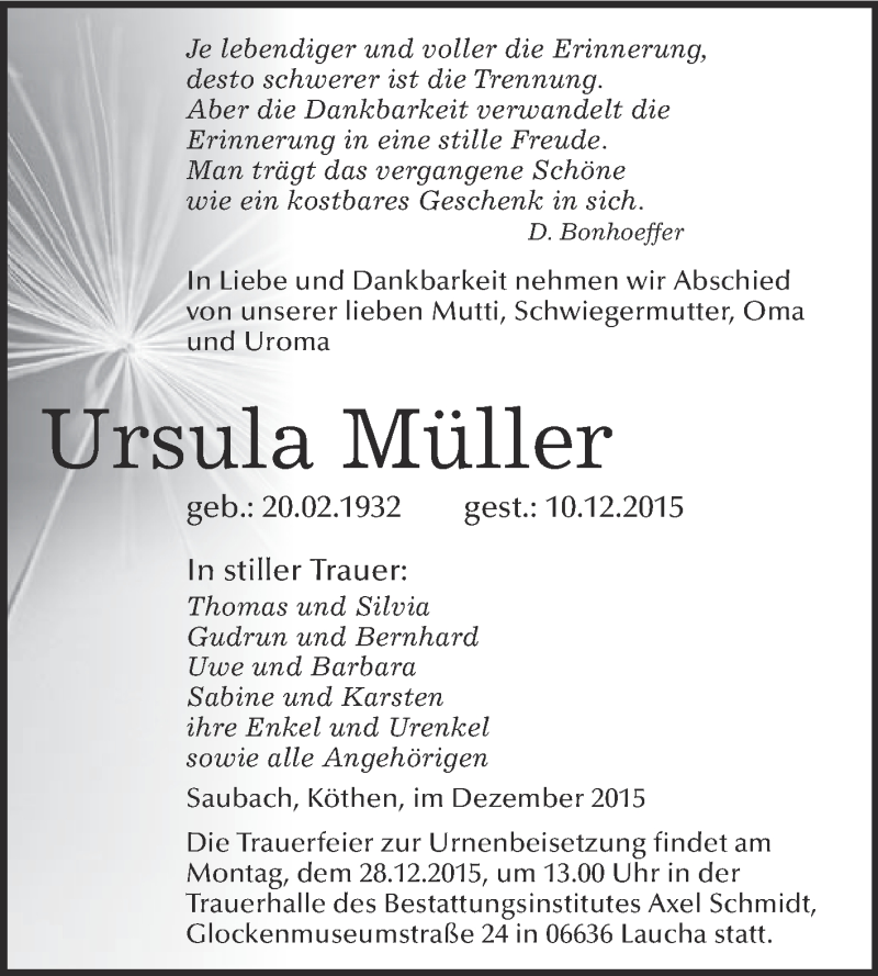  Traueranzeige für Ursula Müller vom 16.12.2015 aus WVG - Wochenspiegel NMB / WSF / ZTZ