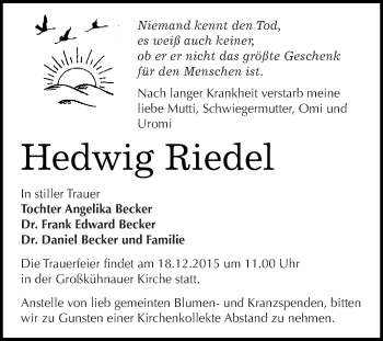 Traueranzeige von Hedwig Riedel von WVG - Wochenspiegel Dessau / Köthen