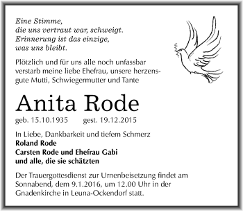 Traueranzeige von Anita Rode von Mitteldeutsche Zeitung Merseburg/Querfurt