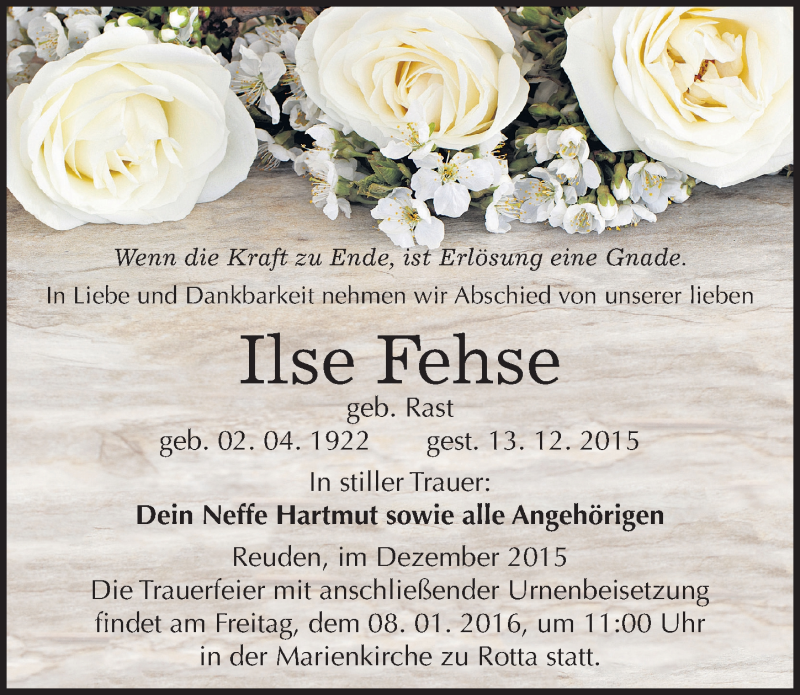  Traueranzeige für Ilse Fehse vom 23.12.2015 aus Mitteldeutsche Zeitung Wittenberg