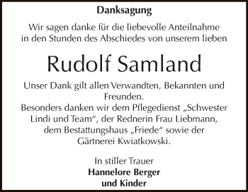 Traueranzeige von Rudolf Samland von WVG - Wochenspiegel Dessau / Köthen