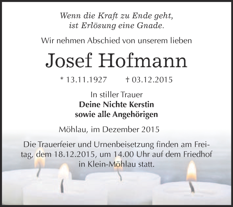  Traueranzeige für Josef Hofmann vom 12.12.2015 aus WVG - Wochenspiegel Wittenberg