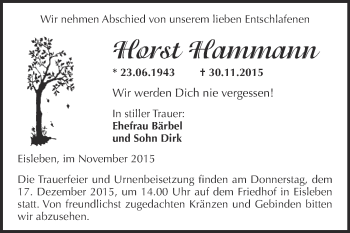 Traueranzeige von Horst Hammann von Wochenspiegel Mansfelder Land