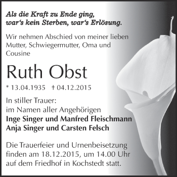 Traueranzeige von Ruth Obst von WVG - Wochenspiegel Dessau / Köthen