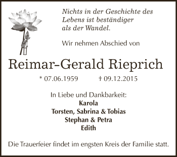 Traueranzeige von Reimar-Gerald Rieprich von WVG - Wochenspiegel Dessau / Köthen
