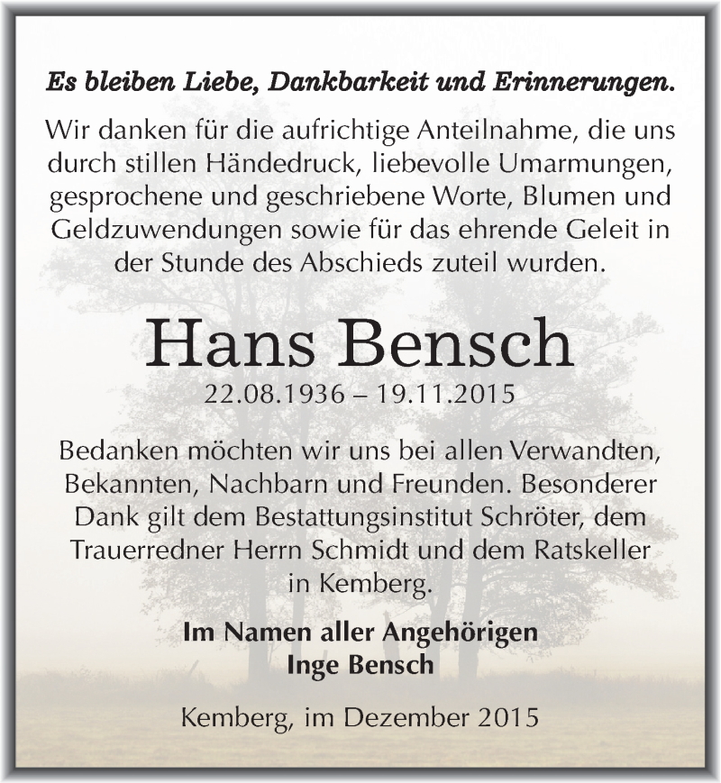  Traueranzeige für Hans Bensch vom 12.12.2015 aus Mitteldeutsche Zeitung Wittenberg