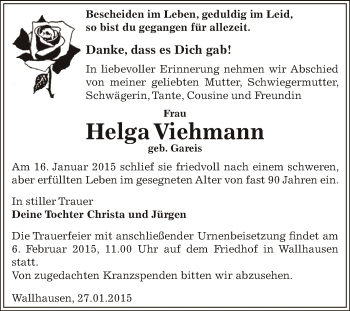 Traueranzeige von Helga Viehmann von Super Sonntag SGH Mansf. Land