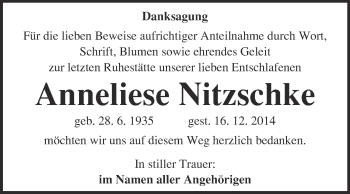 Traueranzeige von Anneliese Nitzschke von Super Sonntag Wittenberg