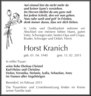 Traueranzeige von Horst Kranich von Super Sonntag SGH Mansf. Land