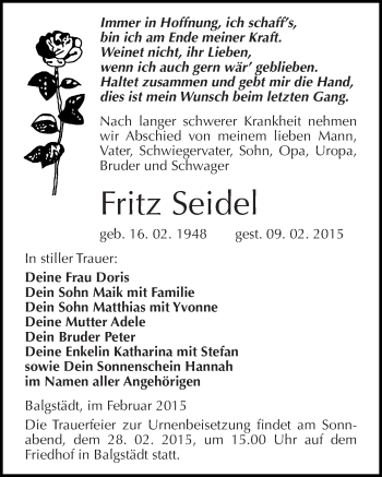 Traueranzeige von Fritz Seidel von Mitteldeutsche Zeitung Naumburg/Nebra