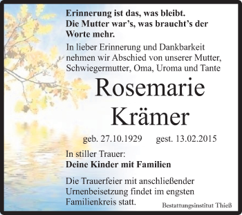 Traueranzeige von Rosemarie Krämer von Super Sonntag Quedlinburg