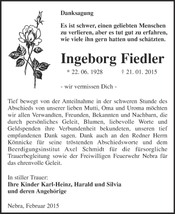 Traueranzeige von Ingeborg Fiedler von WVG - Wochenspiegel NMB / WSF / ZTZ