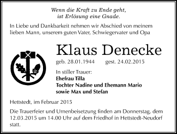 Traueranzeige von Klaus Denecke von Mitteldeutsche Zeitung Mansfelder Land