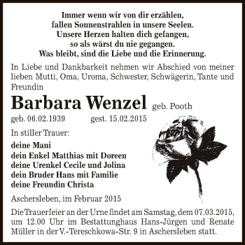 Traueranzeige von Barbara Wenzel von Super Sonntag Aschersleben