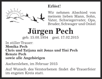 Traueranzeige von Jürgen Pech von Super Sonntag Aschersleben