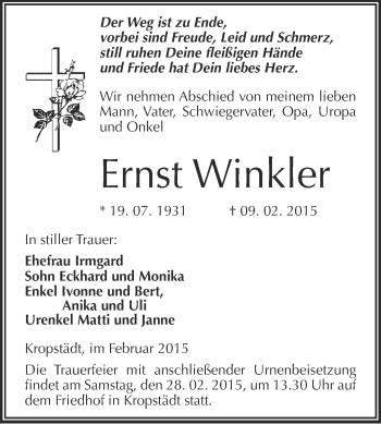 Traueranzeige von Ernst Winkler von WVG - Wochenspiegel Wittenberg