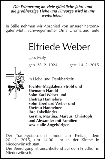Traueranzeige von Elfriede Weber von Mitteldeutsche Zeitung Merseburg/Querfurt