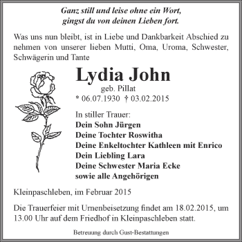Traueranzeige von Lydia John von WVG - Wochenspiegel Dessau / Köthen