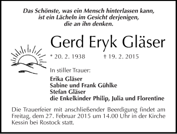 Traueranzeige von Gerd Eryk Gläser von Mitteldeutsche Zeitung Weißenfels