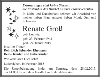 Traueranzeige von Renate Groß von WVG - Wochenspiegel Merseburg