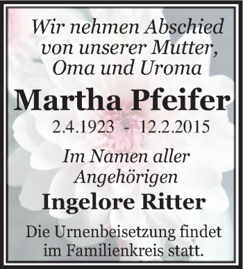 Traueranzeige von Martha Pfeifer von Mitteldeutsche Zeitung Halle/Saalkreis