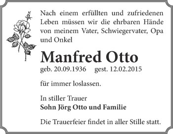 Traueranzeige von Manfred Otto von WVG - Wochenspiegel Dessau / Köthen
