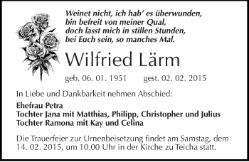 Traueranzeige von Wilfried Lärm von Mitteldeutsche Zeitung Halle/Saalkreis
