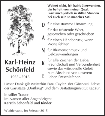 Traueranzeige von Karl-Heinz Schönfeld von WVG - Wochenspiegel Quedlinburg