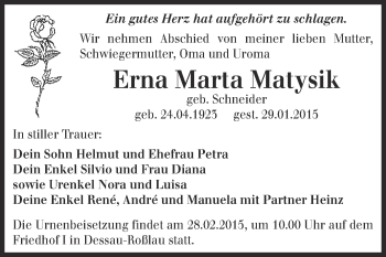 Traueranzeige von Erna Marta Matysik von WVG - Wochenspiegel Dessau / Köthen