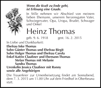 Traueranzeige von Heinz Thomas von Mitteldeutsche Zeitung Merseburg/Querfurt