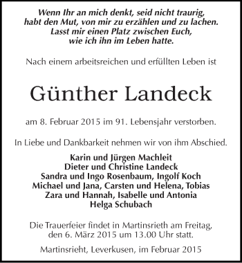 Traueranzeige von Günther Landeck von Mitteldeutsche Zeitung Sangerhausen