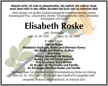 Traueranzeige von Elisabeth Roske von Super Sonntag SGH Mansf. Land